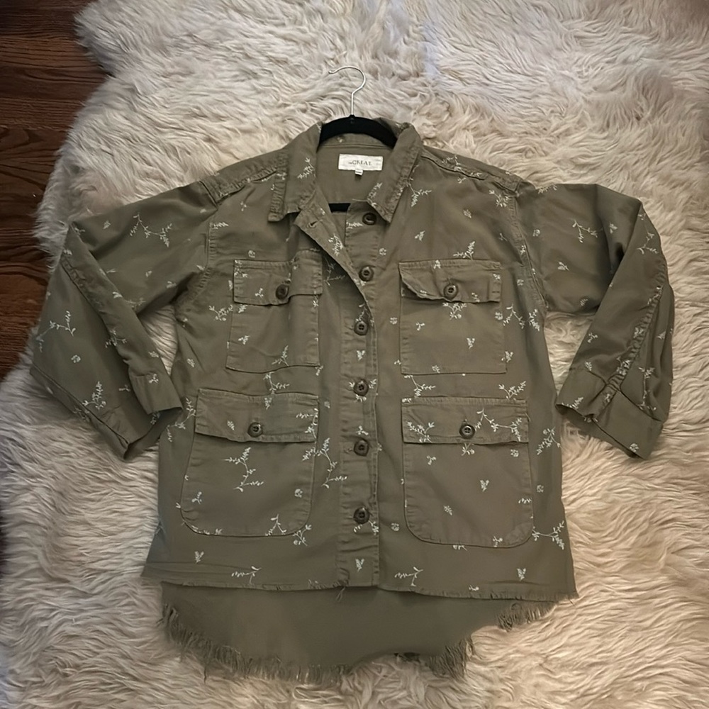 THE GREAT. Olive Green Floral Jacket